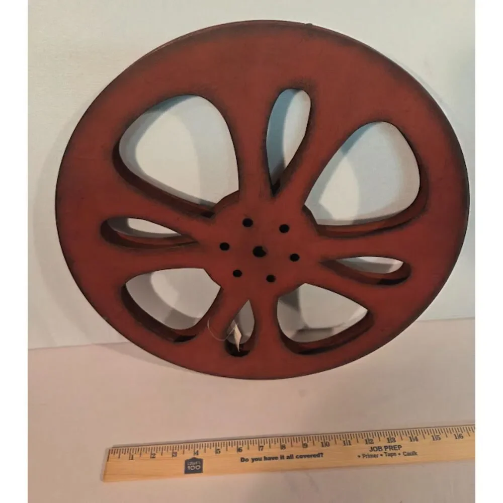 Rustic Red Metal Wheel Farmhouse Decor | Industrial Wall Art | 18” Vintage Style
